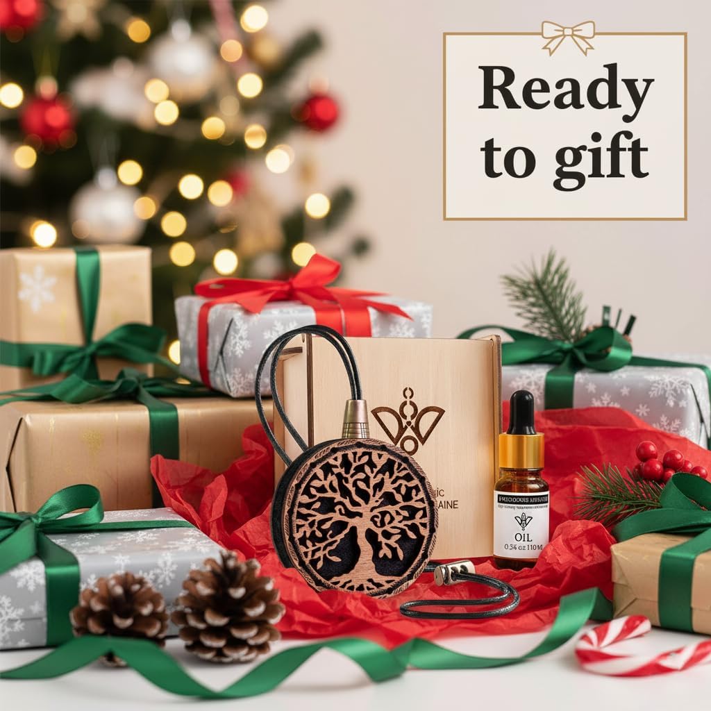 Wood Car Air Freshener — Handmade Car Air Freshener — Tree Of Life Designed Fragrance Oil Diffuser in Wooden Gift Box — Aromatherapy Gift Set with Mountain Rain Fragrance Oil - 10 ml