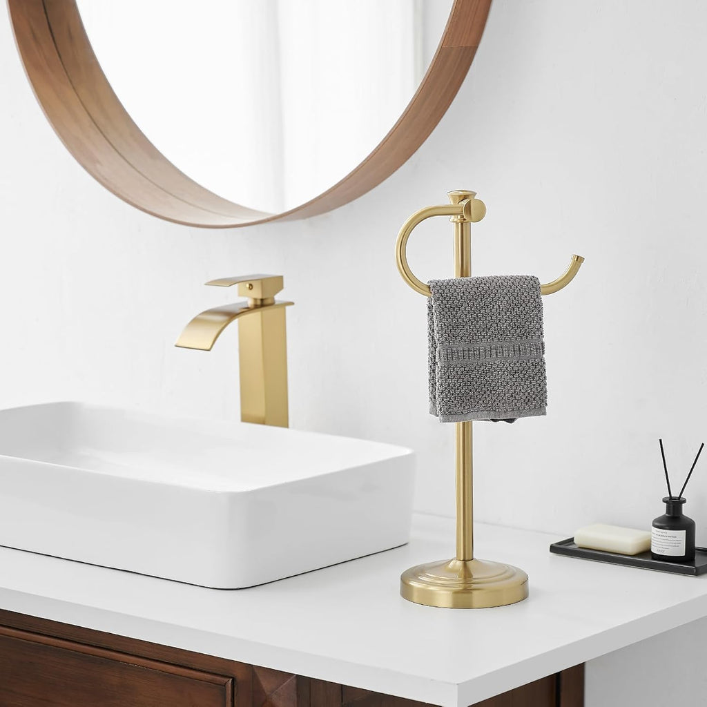 BESy 17 Inch Brushed Gold Stand Towel Bar Hanger Hand Towel Bar Bathroom Vanity Countertop Towel Holder Free Standing Stainless Steel Towel Ring Hardware Accessories Towel Rack
