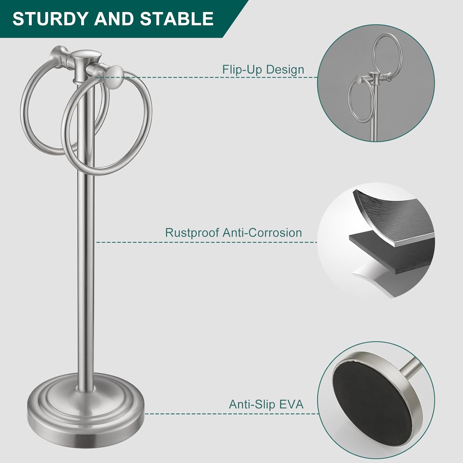 Hoimpro 17" Brushed Nickel Standing Towel Rack Bracket, Double Towel Ring Hand Towel Free Stand Holder Bathroom Hardware Accessories Set, Towel Bar for Bathroom Vanities and Kitchen Countertops