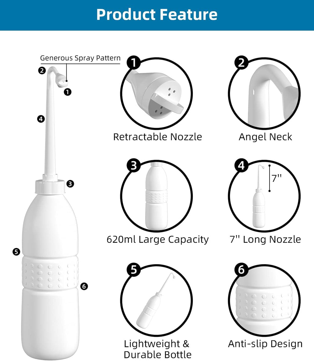 Hibbent Portable Bidet for Travel, Handheld Travel Bidet for Personal Hygiene Care, Personal Cleansing Use, Extended Nozzle, 21.8oz(620ml) , White