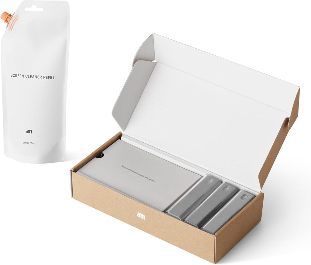 am Screen Cleaner with 7 oz Refill – Alcohol-Free Spray & Microfiber Cloth for iPhone 15 & 14, iPads, Tablets, Laptops, Phones, Smart TVs, Car Displays – Streak-Free, Non-Toxic, Eco-Friendly, Gray