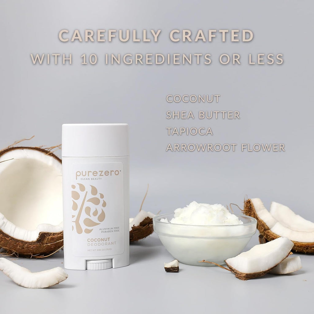 Purezero Deodorant | COCONUT | Aluminum & Paraben Free with Baking Soda and 24-Hour Odor Protection | For Women & Men | Infused with Shea Butter & Coconut Oil (2 Pack)