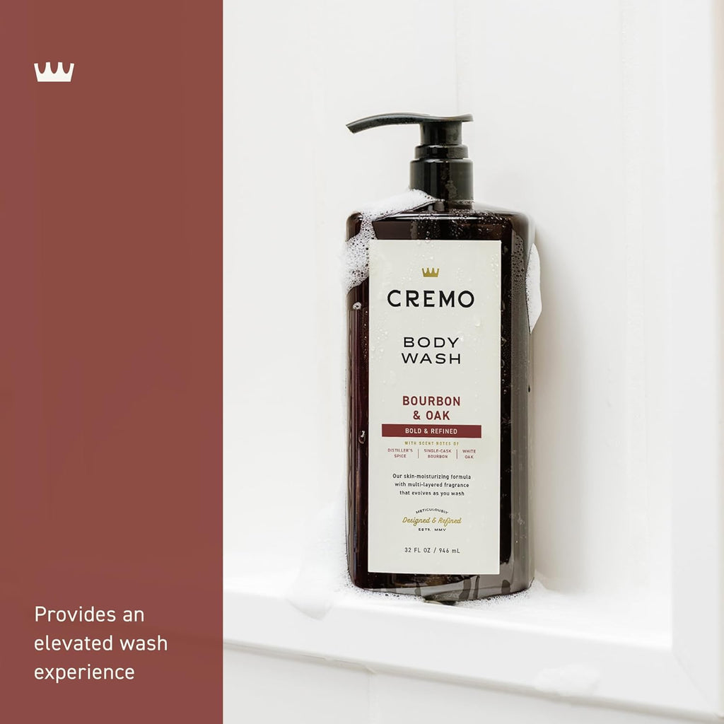 Cremo Rich-Lathering Bourbon & Oak Body Wash for Men, Notes of Distillers Spice, Fine Bourbon and White Oak, 32 Fl Oz