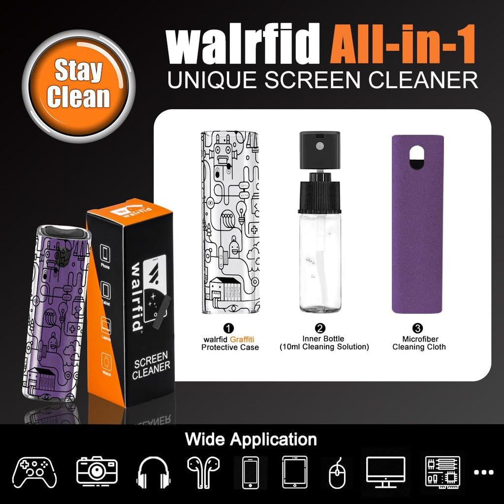 walrfid Car Screen Cleaner, Computer Screen Cleaner Spray and Wipe, Laptop Cleaning Mist Kit for Electronic iPad, iPhone, Phone, MacBook, TV, Monitor Display, with Black Graffiti Case - Purple