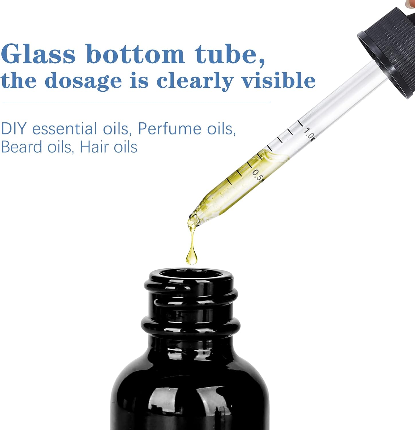 1 oz UV Resistant Dropper Bottle 12 Pack Black Glass Boston Bottles 30ml with Eye Droppers Black Caps for Essential Oils, Perfume, Leak Proof Travel Bottles for Liquids