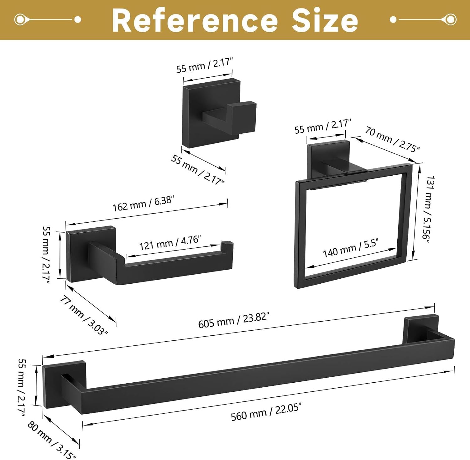 5 Pieces Bathroom Hardware Accessories Set Matte Black Towel Bar Set Towel Holder Racks Set for Bathroom,SUS304 Stainless Steel,Wall Mounted 23.6-Inch