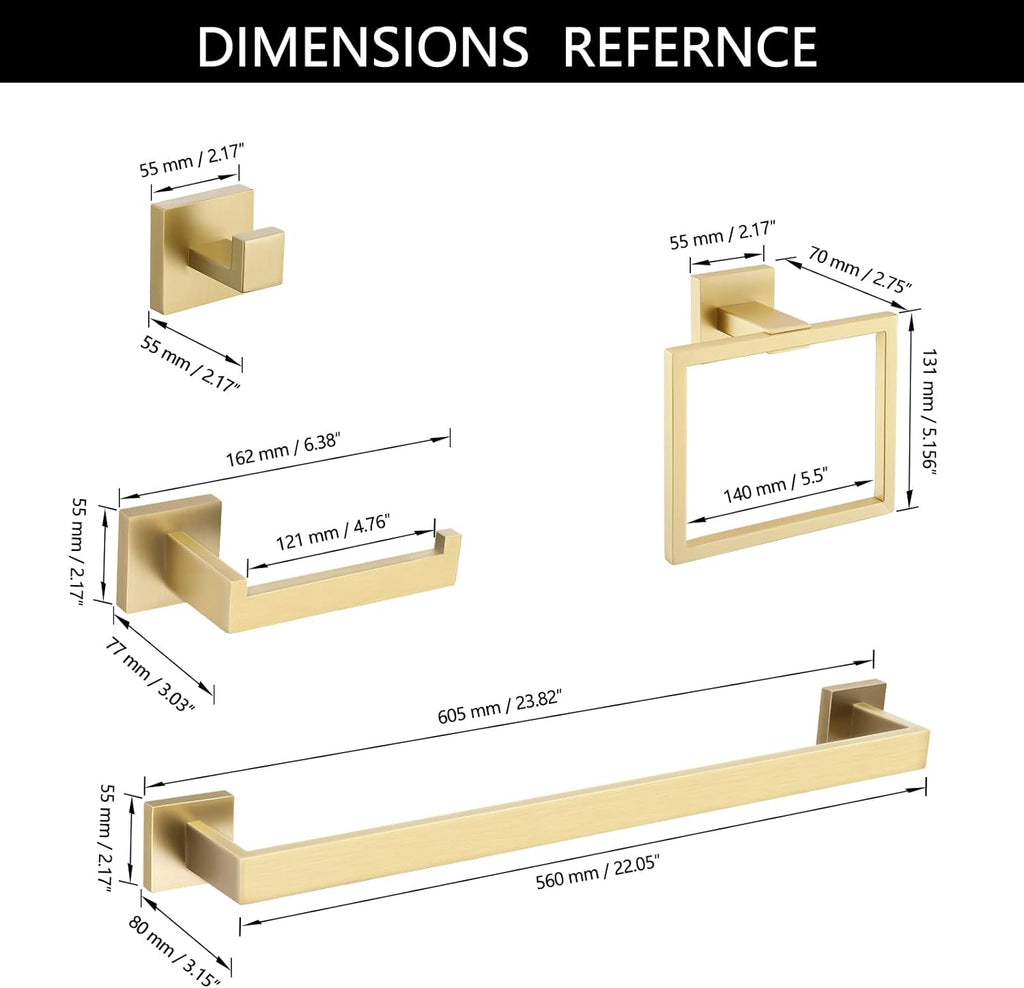 TNOMS Brushed Gold Towel Bar Set Bathroom Hardware Set, 5 Pieces Gold Bathroom Accessories Set Stainless Steel Wall Mounted Towel Holder for Bathroom 23.6in