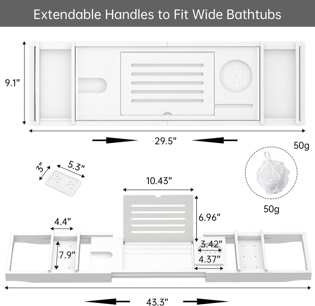 Zhuoyue Bamboo Bathtub Tray, Expandable Premium Bath Tray for Luxury Bathroom, Adjustable Bath Accessories for Tub with Soap Towel Book Holder, Extendable 29.5-43.3" White