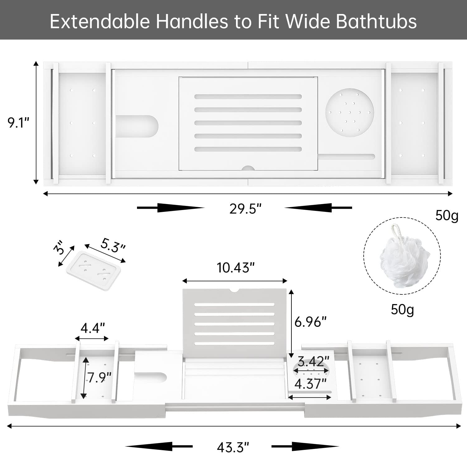 Zhuoyue Bamboo Bathtub Tray, Expandable Premium Bath Tray for Luxury Bathroom, Adjustable Bath Accessories for Tub with Soap Towel Book Holder, Extendable 29.5-43.3" White