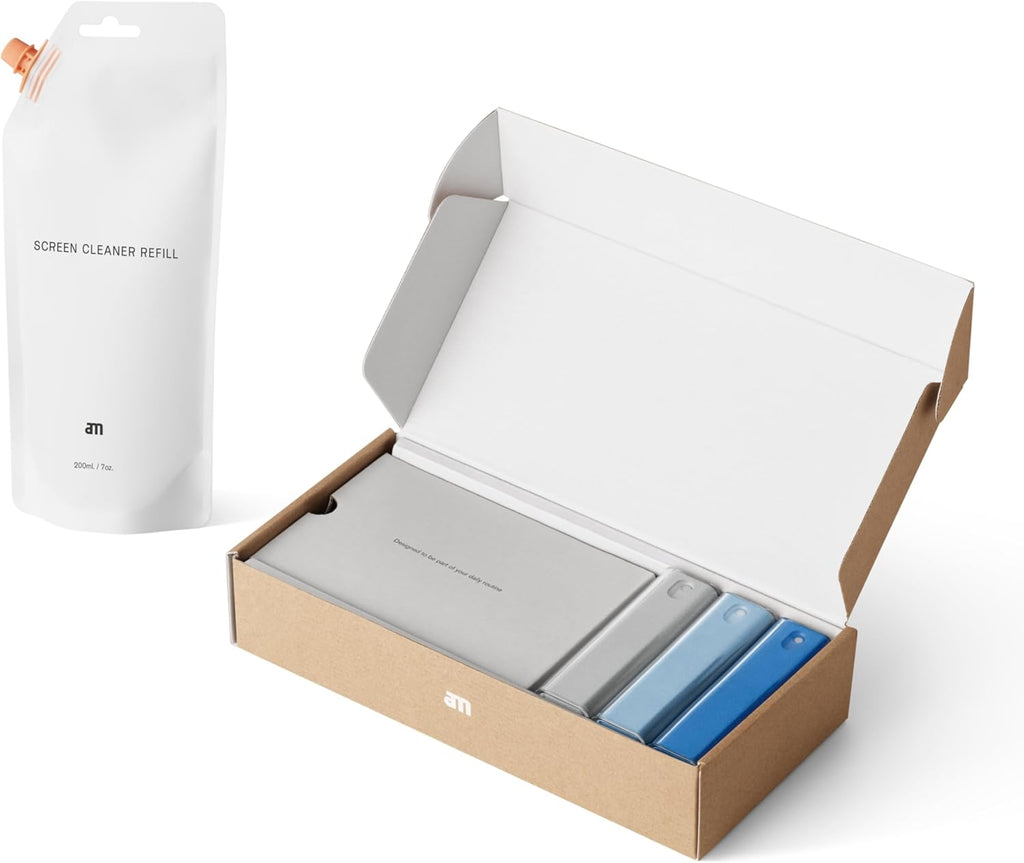 am Screen Cleaner with 7 oz Refill – Alcohol-Free Spray & Microfiber Cloth for iPhone 15 & 14, iPads, Tablets, Laptops, Phones, Smart TVs, Car Displays – Streak-Free, Non-Toxic, Eco-Friendly, Blue