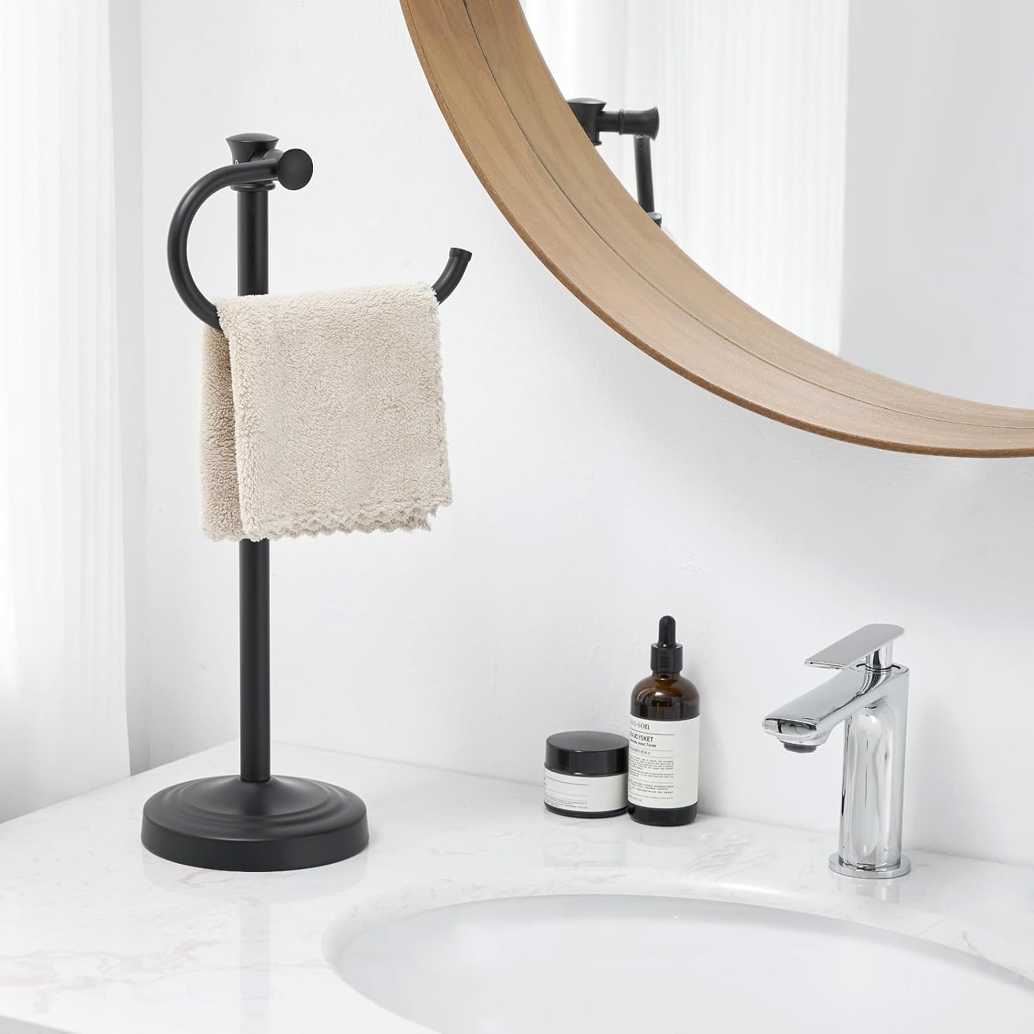 BESy 17 Inch Matte Black Stand Towel Bar Hanger Hand Towel Bar Bathroom Vanity Countertop Towel Holder Free Standing Stainless Steel Towel Ring Hardware Accessories Towel Rack