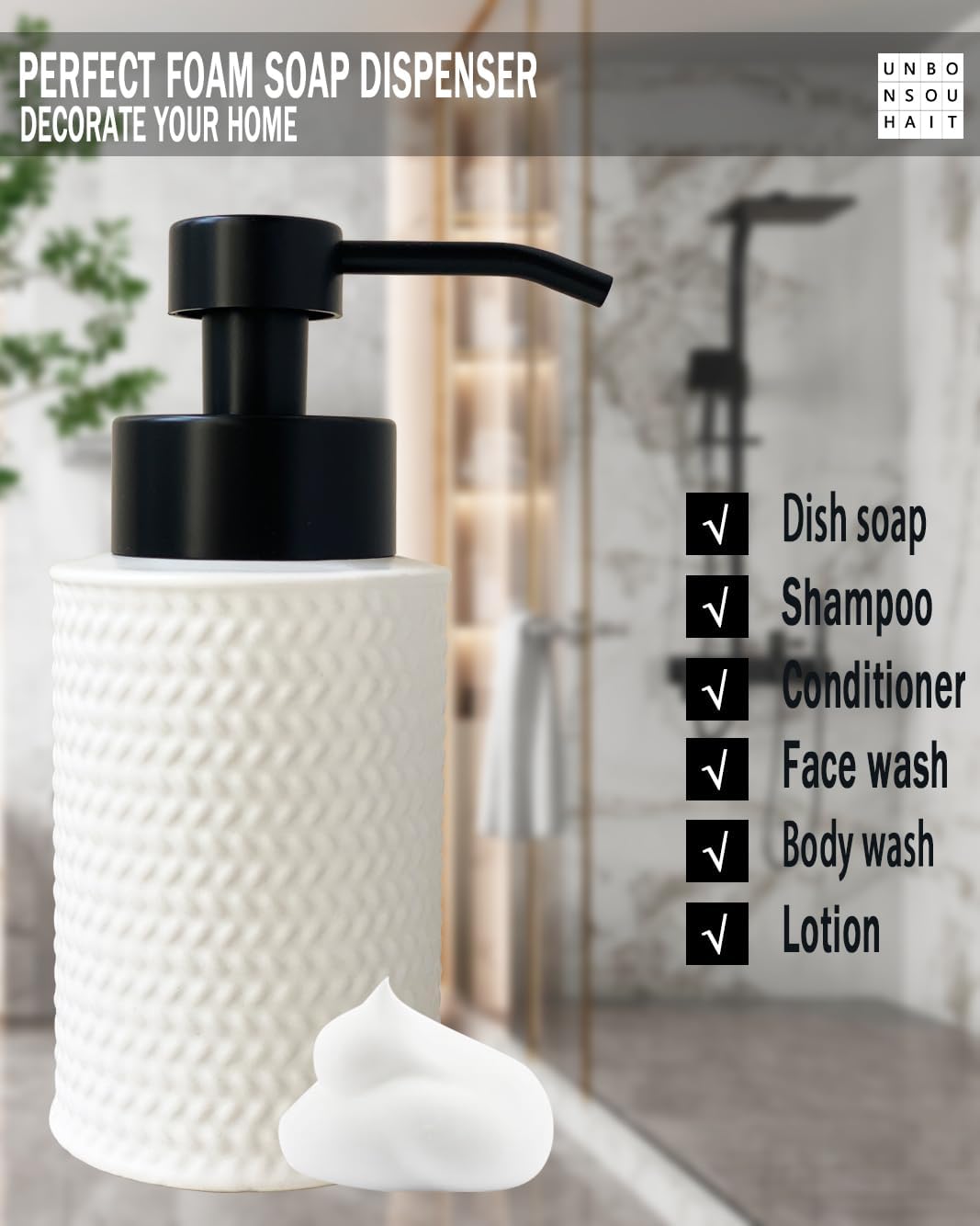 10 Oz Foaming Soap Dispenser for Bathroom,Kitchen Foam Soap Dispenser,Refillable Modern Foam Pump Bottle,Black Ceramic Foaming Hand Pump Dispenser (White Weave)