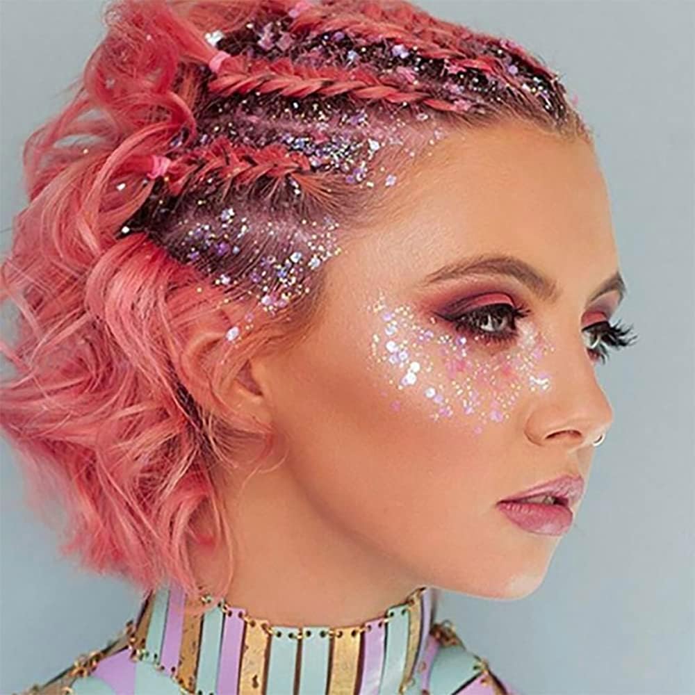 Mysense Pink Body Glitter Stick, Singer Concert Outfit Face Glitter Makeup, Festival Rave Pride Accessories, Hair Glitter Gel for Kids Women, Sparkling Mermaid Sequin Chunky Glitter Face Paint, 0.56oz
