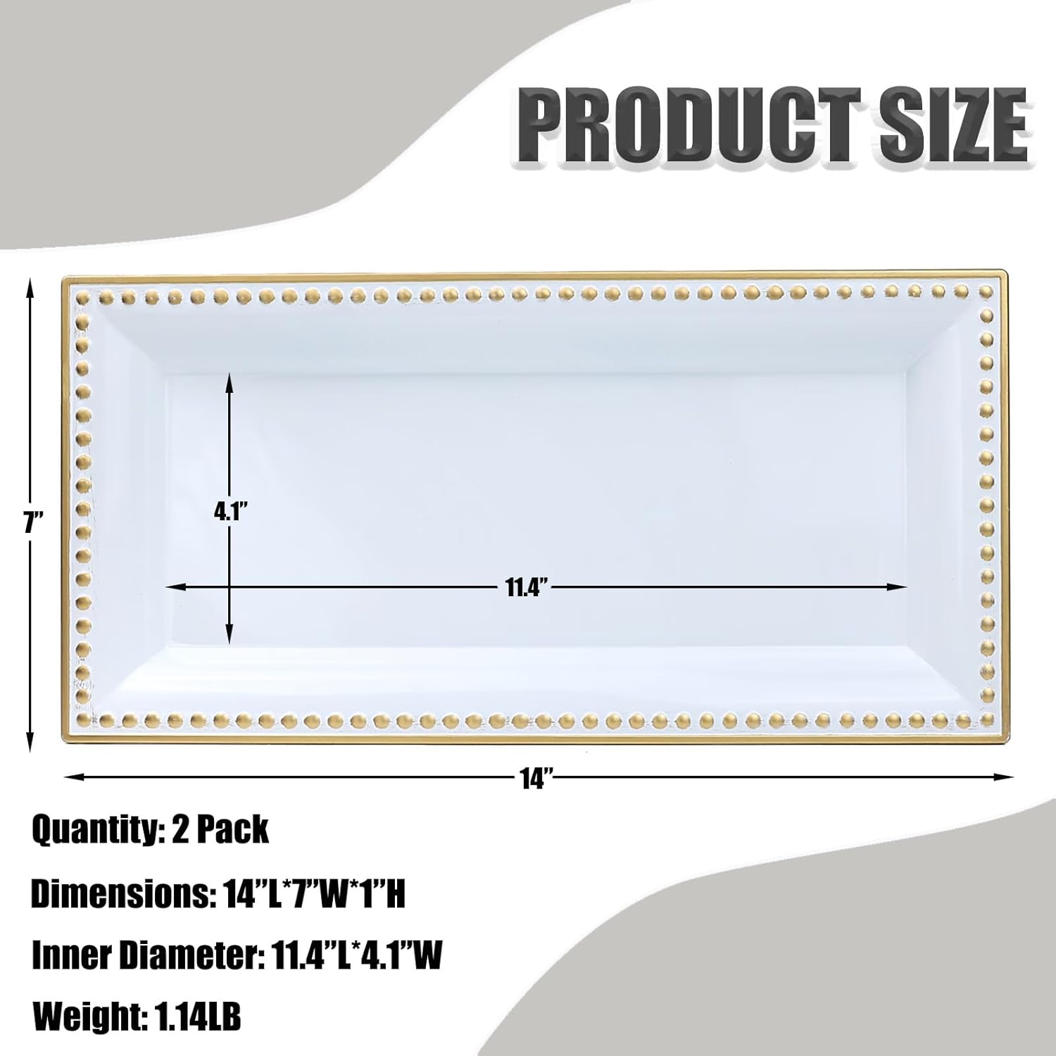 2 Pack White Bathroom Vanity Tray for Countertop with Beads, Small Plastic Toilet Tank Tray Versatile Storage Organization Tray for Makeup, Perfume, Desk, Kitchen, Candles, 14"x7"x1", 36W