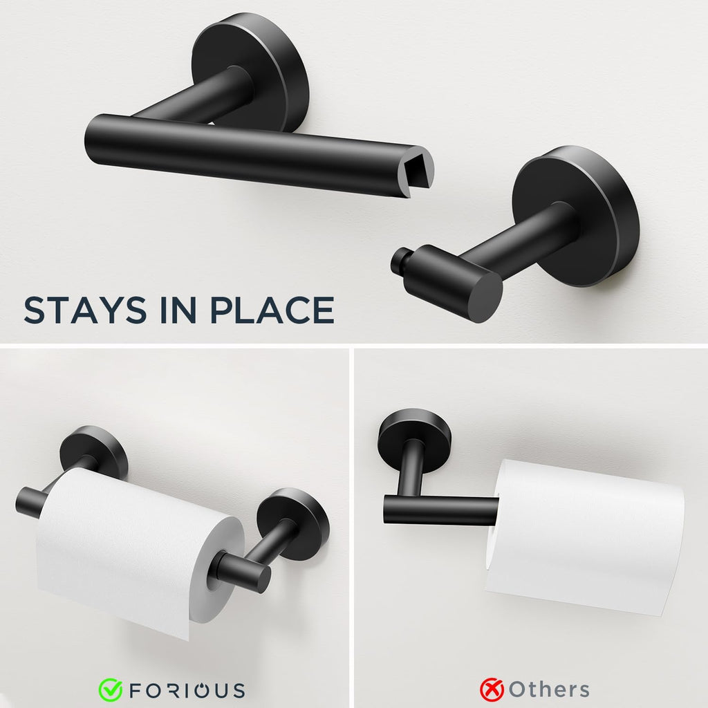 FORIOUS Matte Black Toilet Paper Holder Wall Mount, SUS304 Stainless Steel Double Post Pivoting Tissue Roll Holder and Hand Towel Ring Set for Bathroom, RV, Bathroom Hardware Accessories Set
