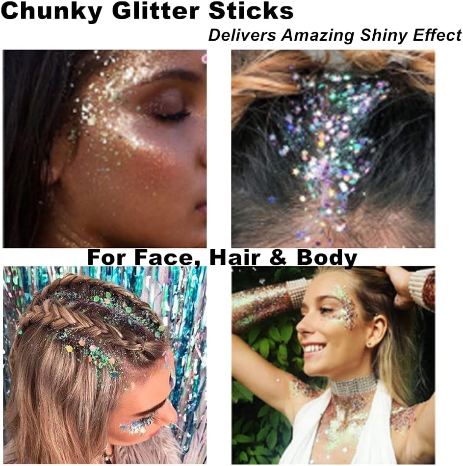 Mysense Blue Body Glitter Stick, Waterproof Face Glitter Makeup, Festival Rave Pride Accessories, Hair Glitter Gel for Kids Women, Sparkling Mermaid Sequin Chunky Glitter Face Paint, 0.56oz