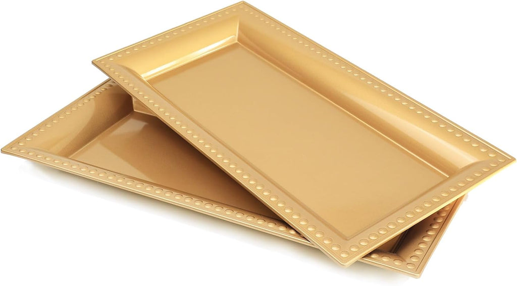 2 Pack Gold Bathroom Vanity Tray for Countertop with Beads, Small Plastic Toilet Tank Versatile Storage Organization Tray for Makeup, Perfume, Desk, Kitchen, Candles, 14"x7"x1", 36G