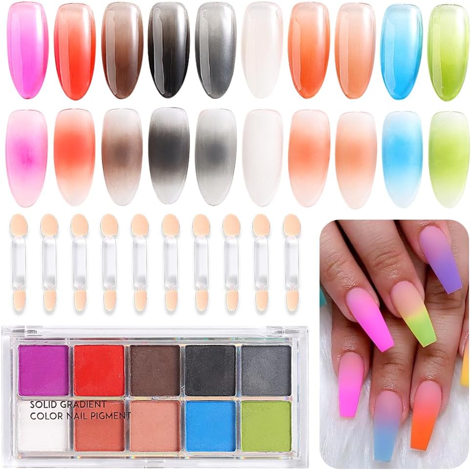 10 Colors Solid Neon Phosphor Nail Powder Set Fluorescent Gradient Iridescent Pigment Powder Glitter Dust Kit for Gel Polish Nail Art Decorations