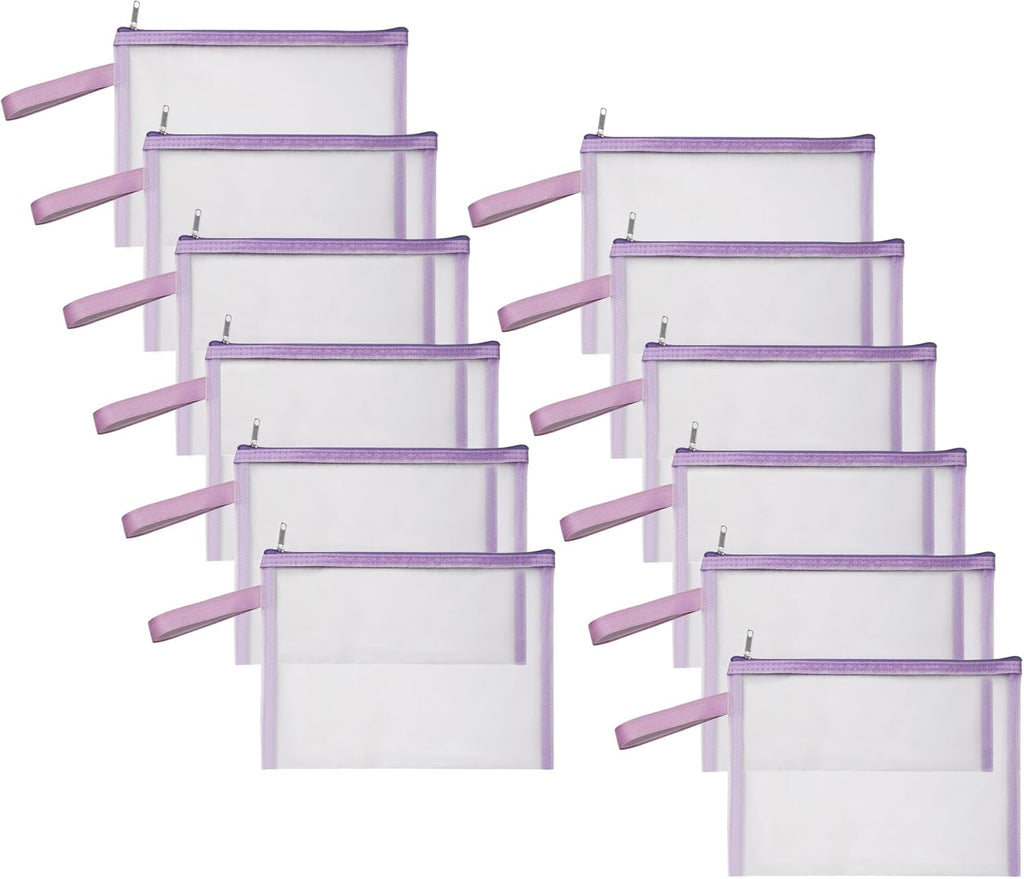 12 Psc Mesh Zipper Pouch Bags,Small Comestic Makeup Bage For Travel, Purse Organizer Pouches (Purple, A5*12)