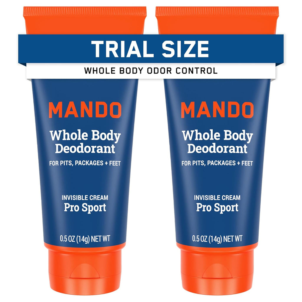 Mando Whole Body Deodorant - Mini Travel Size Invisible Cream Tube - 72 Hour Odor Control - Aluminum and Baking Soda Free, Skin Safe - .5 oz (Pack of 2) (Pro Sport)