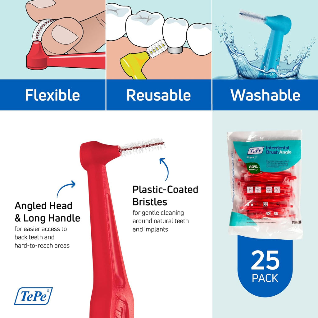 TePe Interdental Brush Angle, Angled Dental Brush for Teeth Cleaning, Pack of 25, 0.5 mm, Extra-Small/Small Gaps, Red, Size 2