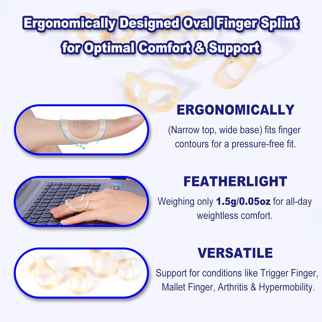 8Pcs Oval Finger Splints & Click-Lock Adjustment Kit, 4 Graduated Finger Ring Splint & 4 Splint Adjustment, Finger Braces for Arthritis, Mallet, Straightening, Support (Size 1-4)