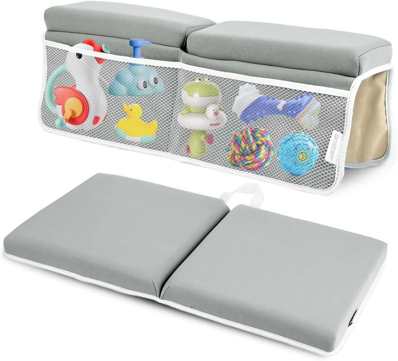 Bath Kneeler and Elbow Rest Pad, Thick Quick Dry Kneeling Pad, Elbow Support, Large Bathtub Kneeling Mat with Toy Organizer for Baby Bathing (Grey)