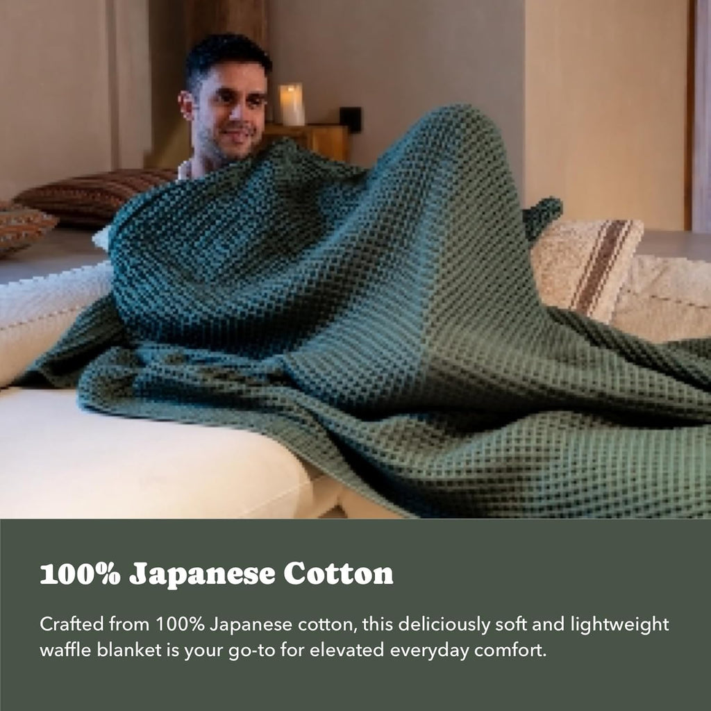 Luxury Japanese Cotton Waffle Towelket Blanket for All Sleepers | Soft, Breathable and Thermoregulating (Forest Green, 67''x91'')