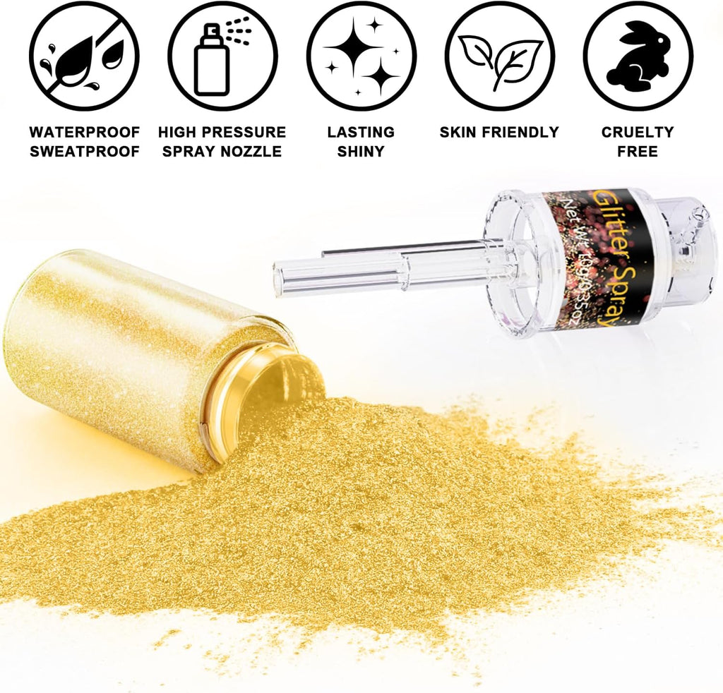 Hair and Body Glitter Spray, 1PC Gold Glitter Hairspray Dry Powder Makeup for Clothes, Festival Rave Prom Loose Sparkle Powder,Holographic Ultra Fine Resin Glitters for Crafts (Gold)