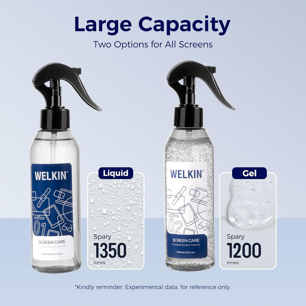 WELKIN Screen Cleaner Spray Kit (250ml + 250ml) - Cleaning Mist and Gel for TV, Laptop, Computer, Phone Touchscreen - 2 Sprayers, 1 Microfiber Cloth & 1 Glass Wipe Included