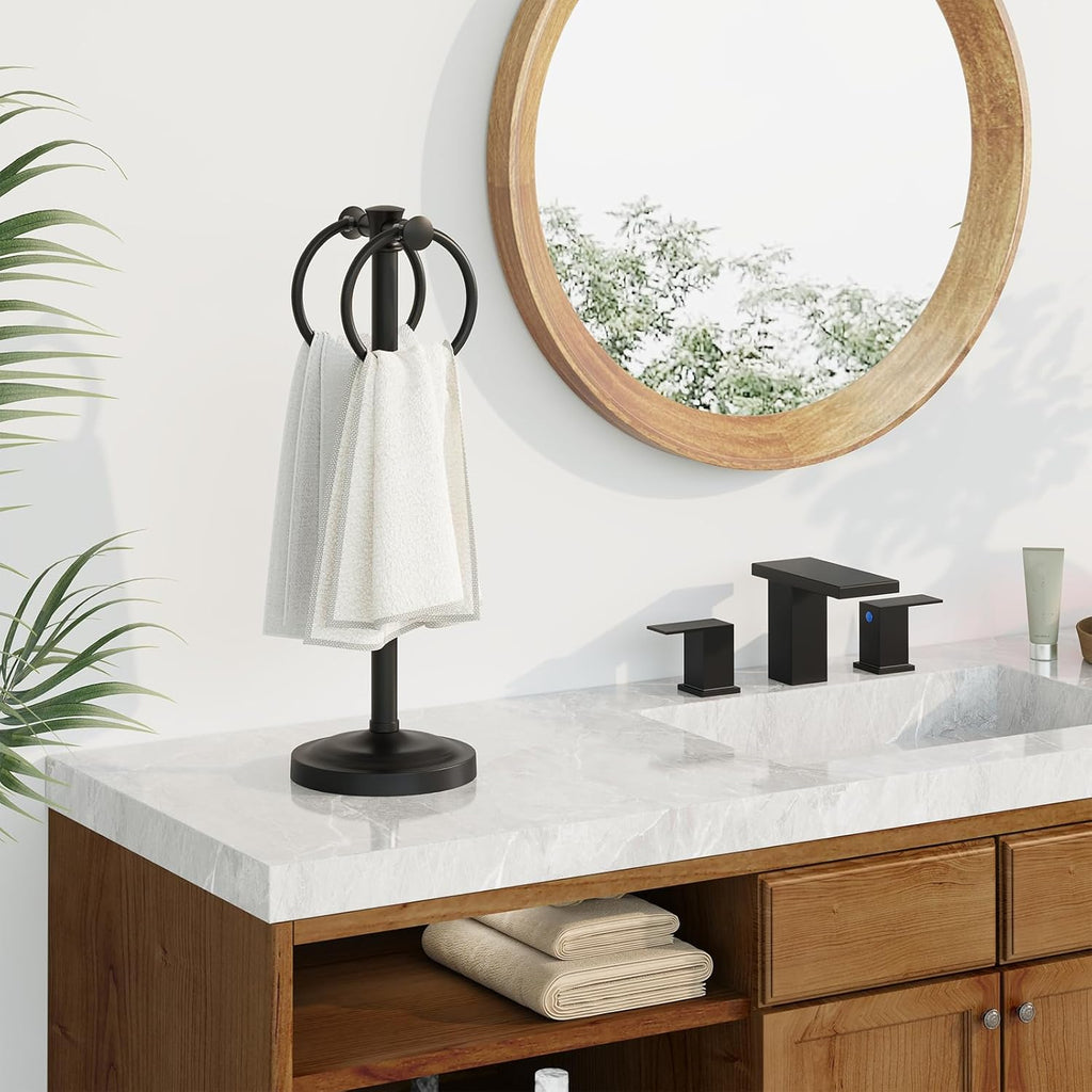 Hoimpro 17" Matte Black Stainless Steel Standing Towel Rack Double Towel Ring Hand Towel Stand Holder, Bathroom Accessories Set Hardware Towel Bar Hanger for Bathroom Vanity and Kitchen Countertops