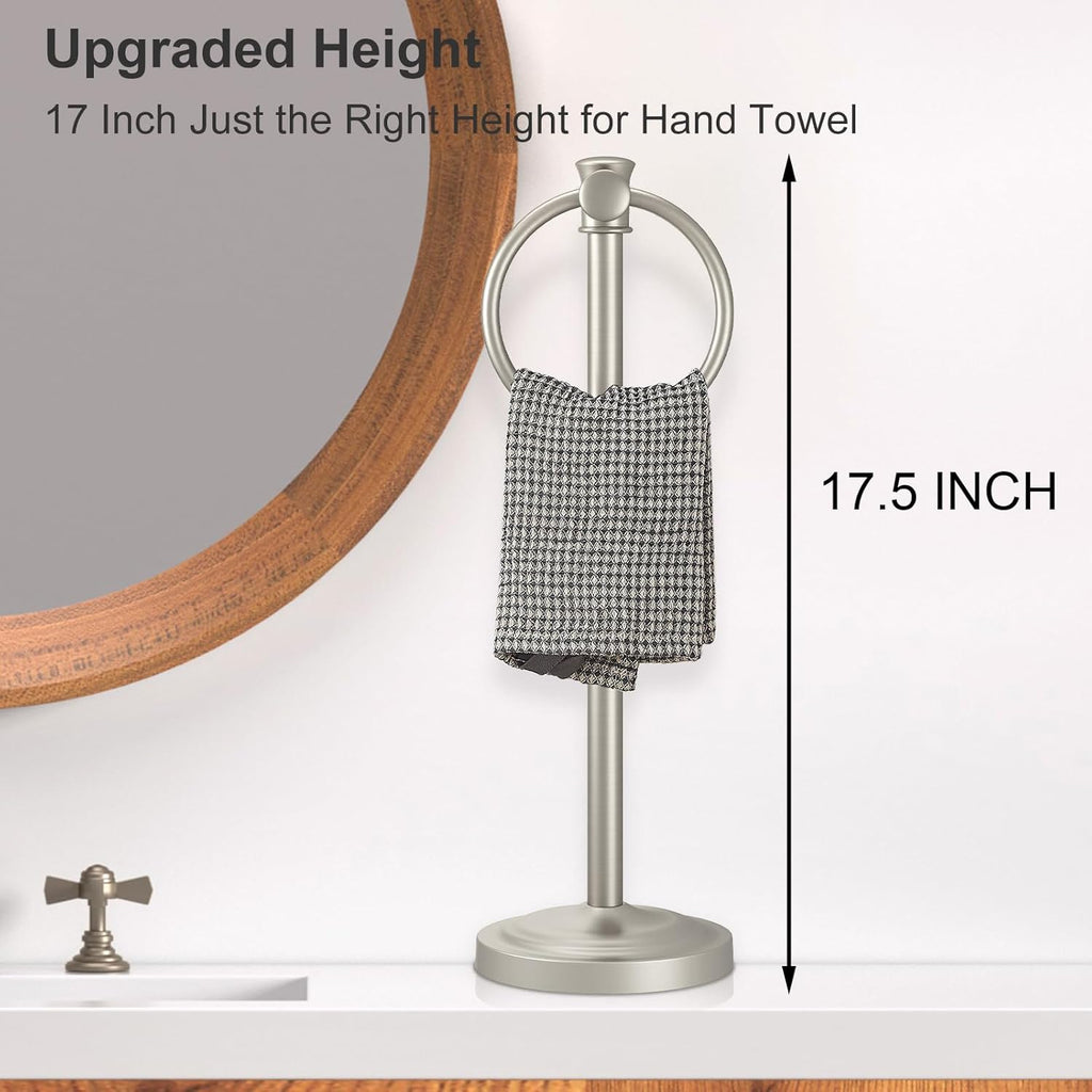Hoimpro 17 Inch Stand Hand Towel Holder Towel Bar Towel Hanging Ring, Free Standing Floor Hand Towel Rack Storage for Bathroom Kitchen Vanity Countertops, Hardware Accessories(Brushed Nickel)