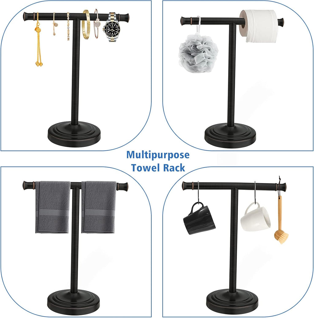 RUMOSE 13 Inch Oil Rubbed Bronze Towel Stand Hand Towel Holder Bathroom Kitchen Vanity Countertop T-Shape Towel Rack Free Standing Stainless Steel Towel Bar Towel Ring