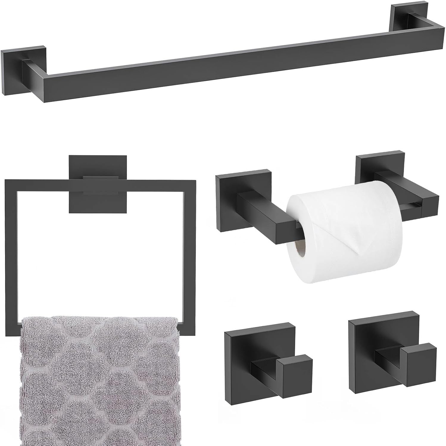 TNOMS Matte Black Towel Bar Set 5-Piece Bathroom Hardware Accessories Set,23.6 Inch Modern Towel Holder Set SUS304 Stainless Steel Towel Rack Set for Bathroom,Wall-Mounted