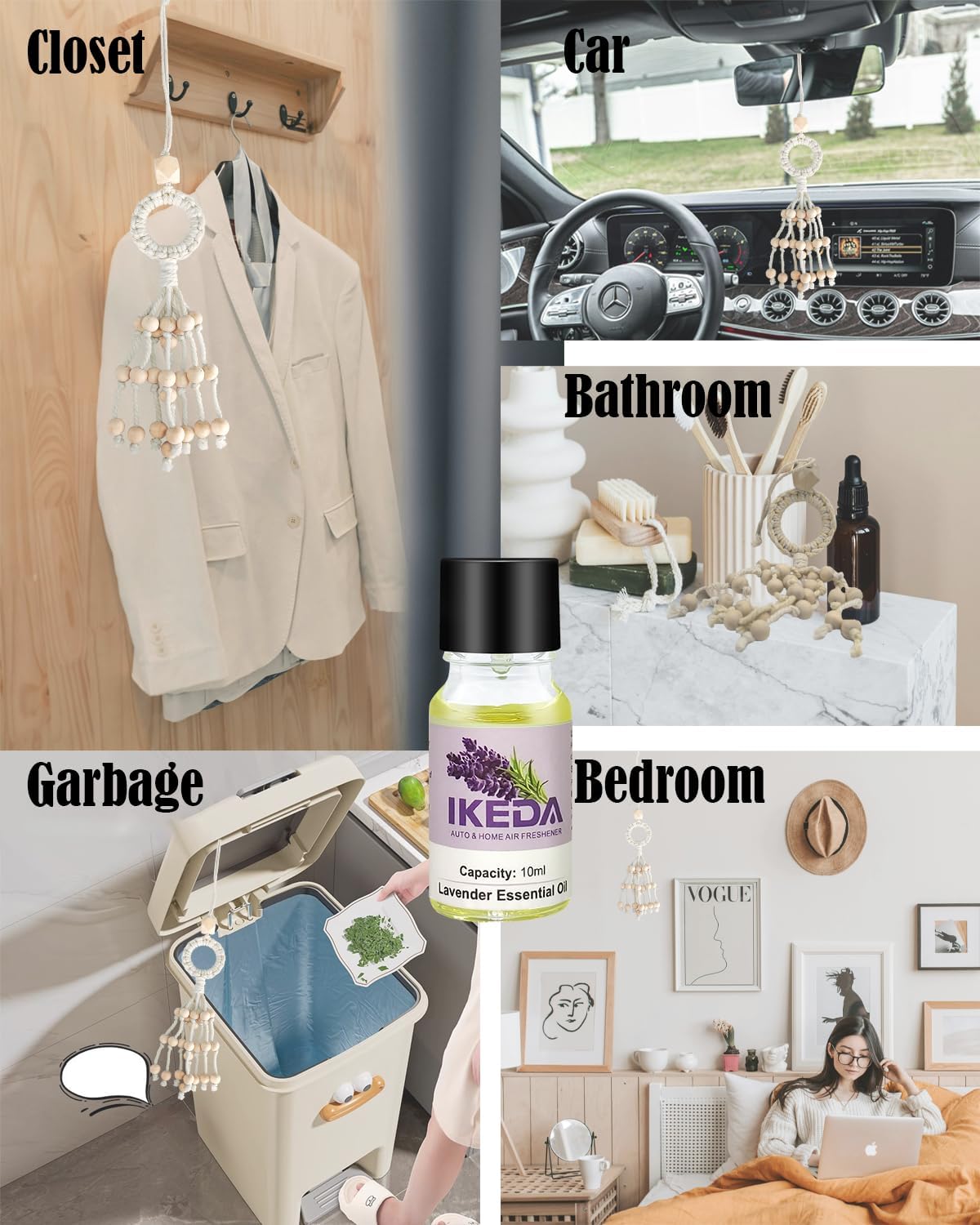 Air Freshener for Car, Lavender Scent Woven Aromatherapy Charm Diffuser with 10ml Essential Oil, Tassel Car Mirror Hanging Decoration,Pendant for Women Men Home Bathroom