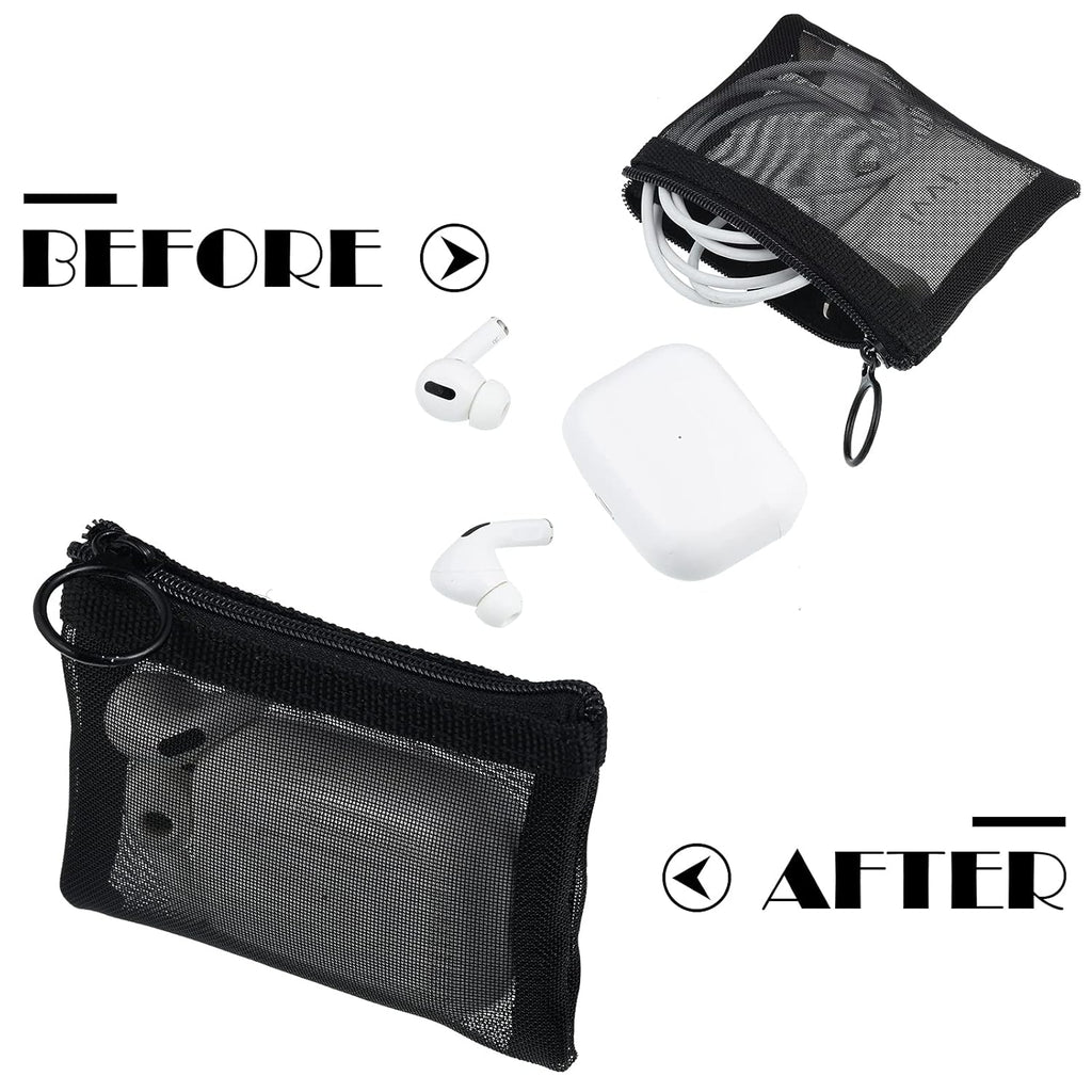 Frienda 10 Pcs Small Mesh Bags with Zipper Mini Zipper Mesh Bags Nylon Cosmetic Coin Purse Pouches Portable Reusable Storage Pouch with Keychain for Women Home Travel(3 x 4 Inch,Black)