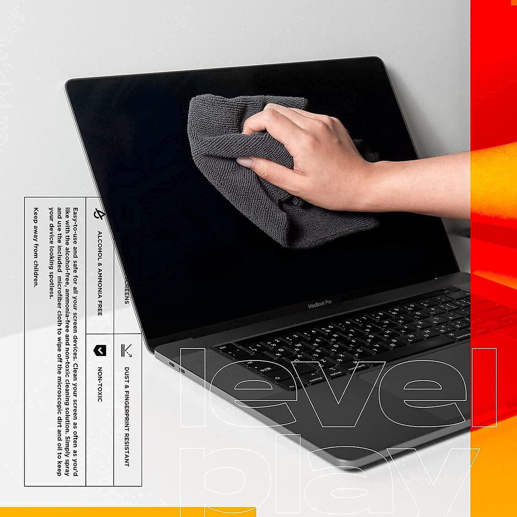 Levelplay Screen Cleaner Kit – Fingerprint-Resistant Touchscreen, Monitor & Lens Cleaner, Alcohol- and Ammonia-Free, Washable Microfiber Wipe (Large), 240 mL (8.1 fl oz) Spray Bottle