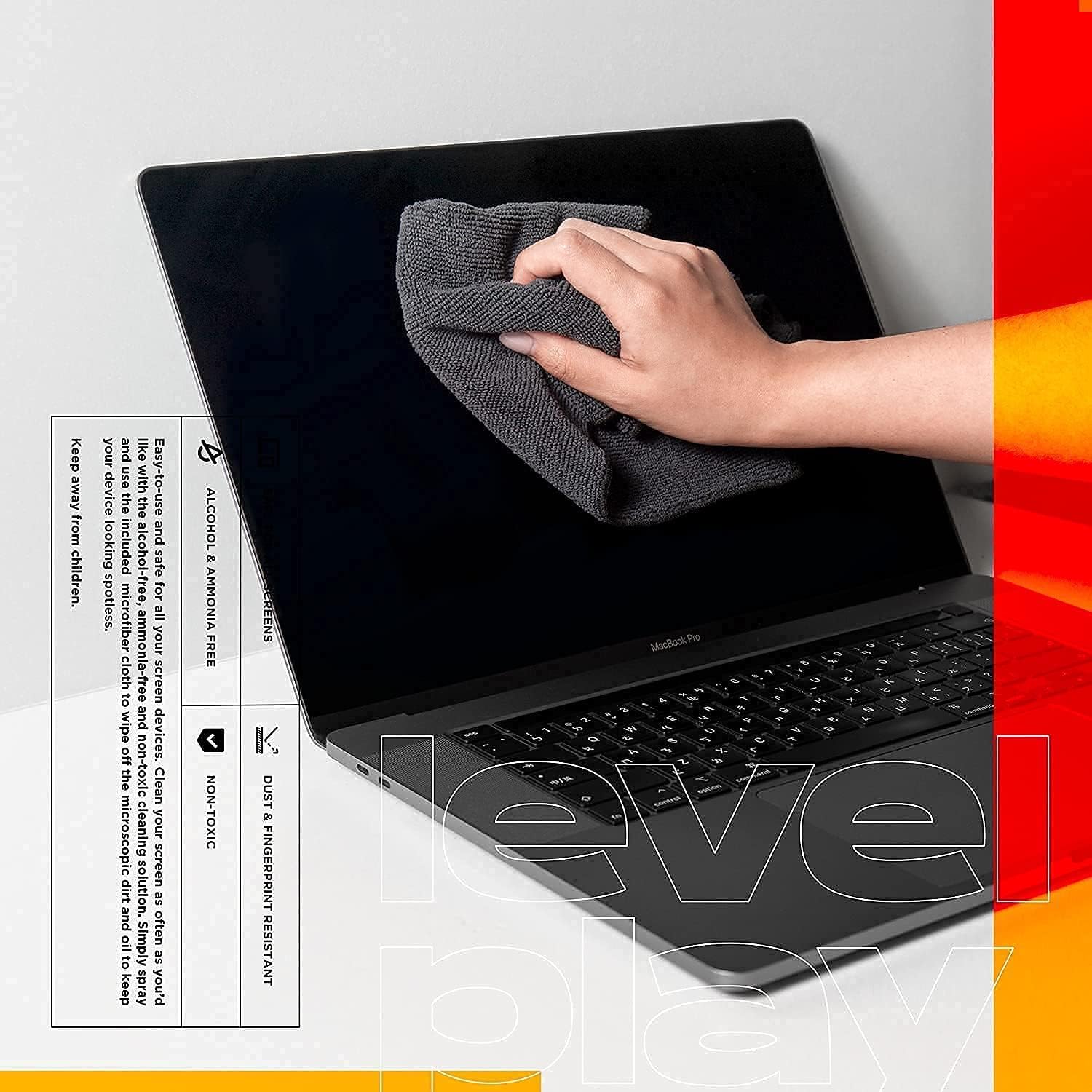 Levelplay Screen Cleaner Kit – Fingerprint-Resistant Touchscreen, Monitor & Lens Cleaner, Alcohol- and Ammonia-Free, Washable Microfiber Wipe (Large), 240 mL (8.1 fl oz) Spray Bottle