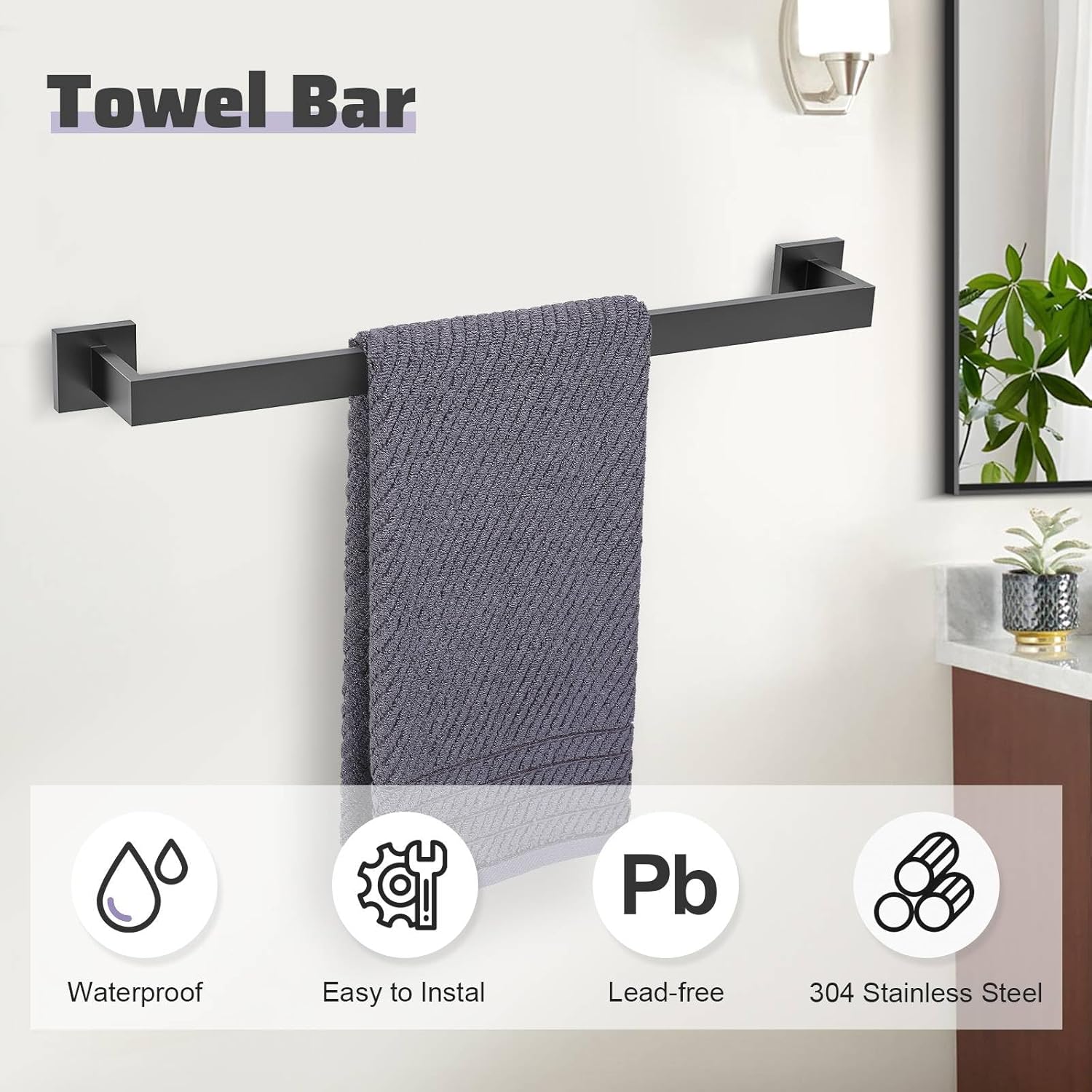 TNOMS Matte Black Towel Bar Set 5-Piece Bathroom Hardware Accessories Set,23.6 Inch Modern Towel Holder Set SUS304 Stainless Steel Towel Rack Set for Bathroom,Wall-Mounted