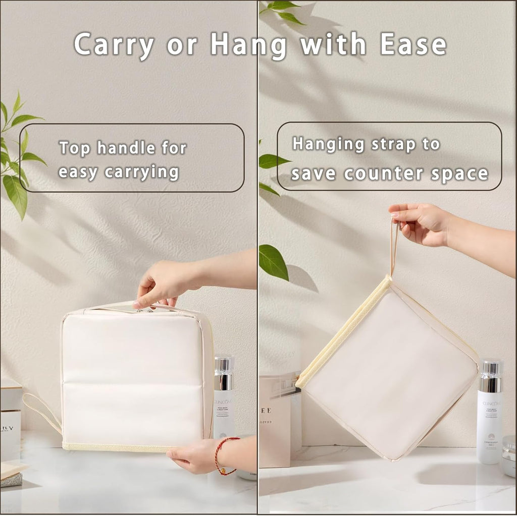 Standing Makeup Bag with Brush Holder, Organizer Travel Cosmetic Bags, Small Make Up Pouches for Women Beige