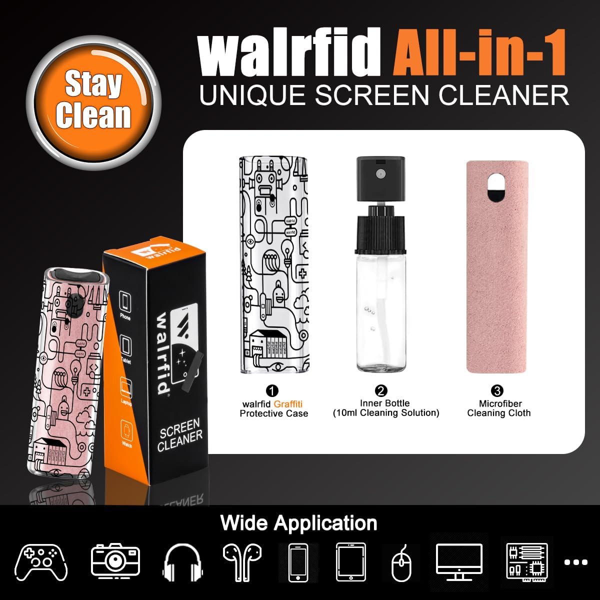 walrfid Graffiti Computer Screen Cleaner, Car Screen Cleaner Spray and Wipe, Electronic Cleaning Spray for Laptop iPad, iPhone, MacBook, TV, Monitor, Tablet Display, with Black Case - Pink