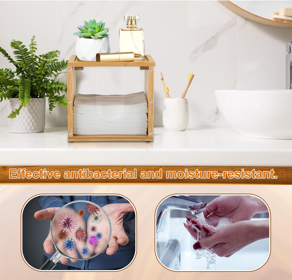 Chunful Disposable Face Towel Holder Box with Bamboo Lid, Acrylic Cosmetic Facial Towel Storage Container for Disposable Makeup Wipes Bathroom Vanity Countertop(Magnetic Connection)