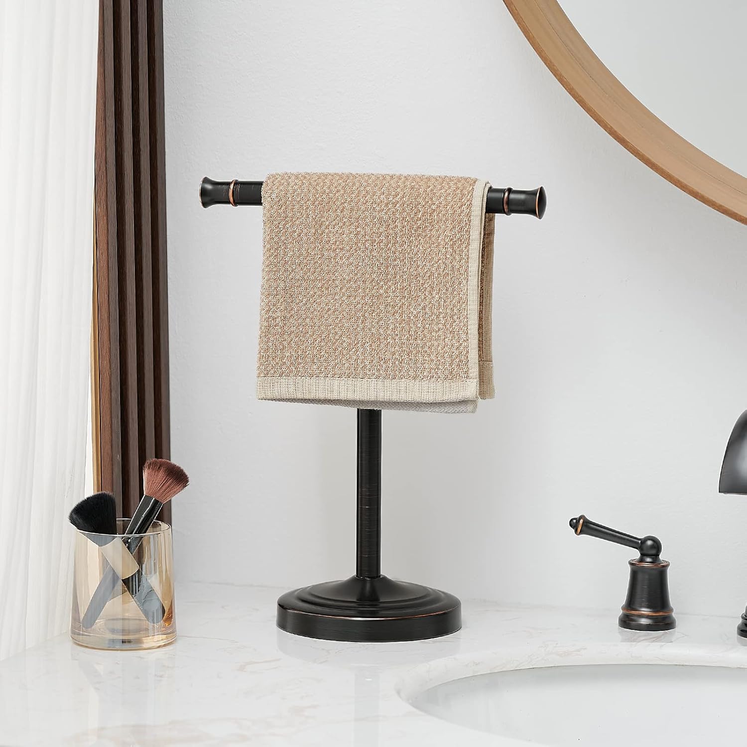 RUMOSE 13 Inch Oil Rubbed Bronze Towel Stand Hand Towel Holder Bathroom Kitchen Vanity Countertop T-Shape Towel Rack Free Standing Stainless Steel Towel Bar Towel Ring