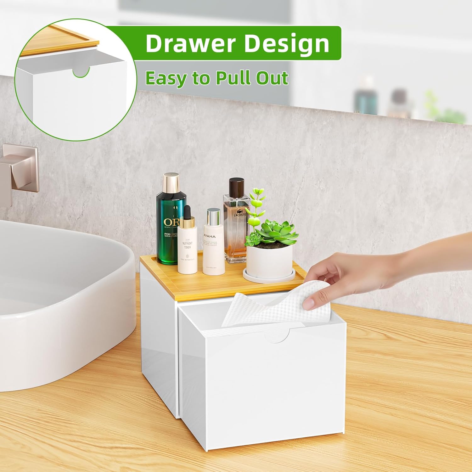 VITVITI Drawer Disposable Face Towel Holder Box, Acrylic Facial Towel Container for XL Clean Skin Club, Large Disposable Face Towels Storage with Bamboo Lid, for Bathroom, Vanity Makeup, White