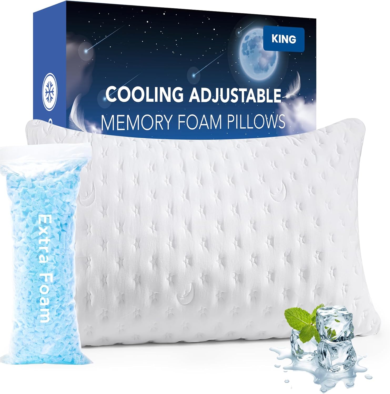 Cooling Side Sleeper Pillow for Adults, Firm Bed Pillow for Side Sleepers Neck and Shoulder Pain, Luxury Shredded Memory Foam Pillow Set of 1- Adjustable King Size- Washable Cover Original White