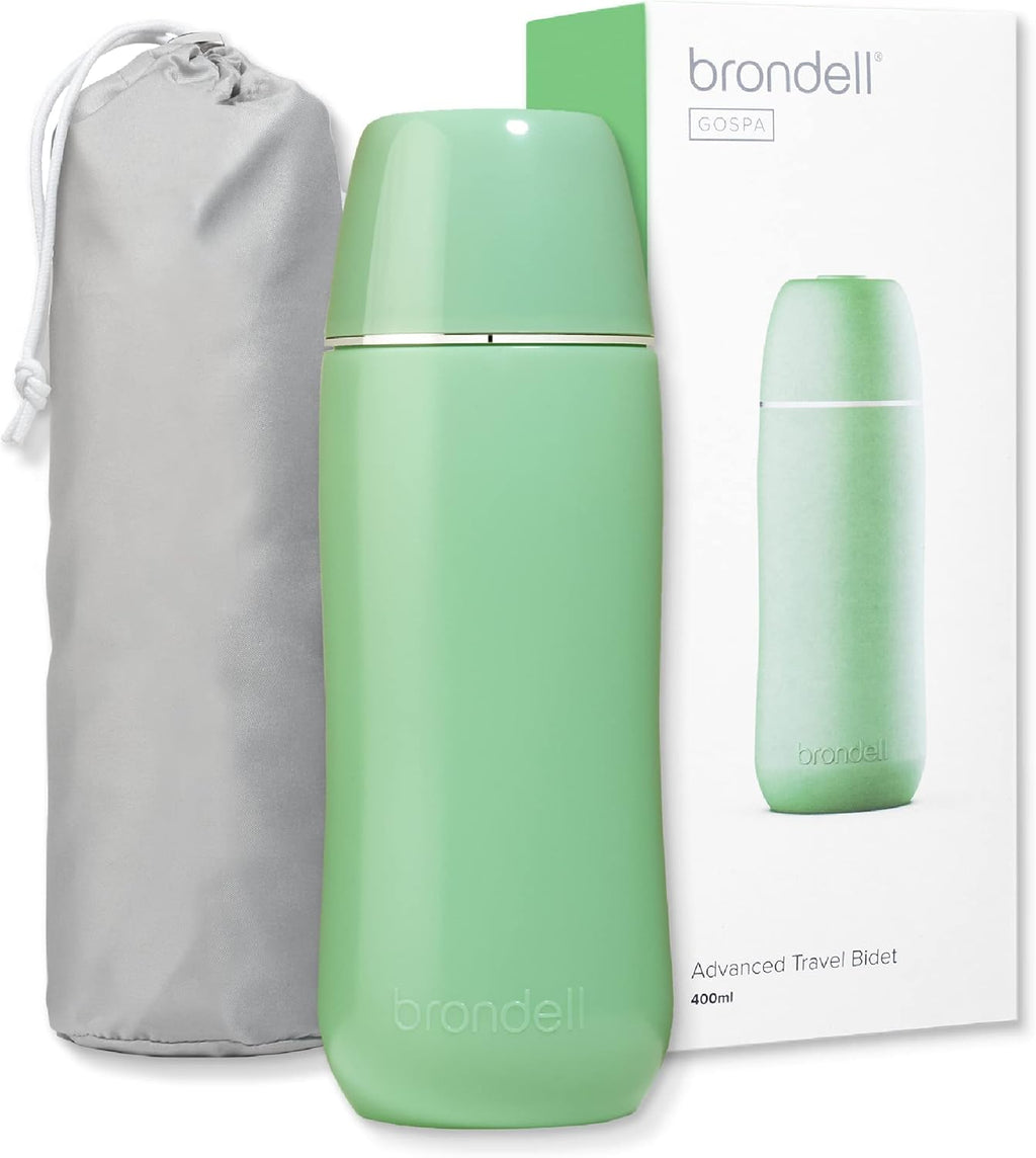 Brondell GoSpa Advanced Peri Bottle, Portable Bidet for Travel–Pop-Up Nozzle System for Postpartum & Perineal Care, Compact Bidet with Discreet Travel Bag for Convenient Storage–400mL, Green