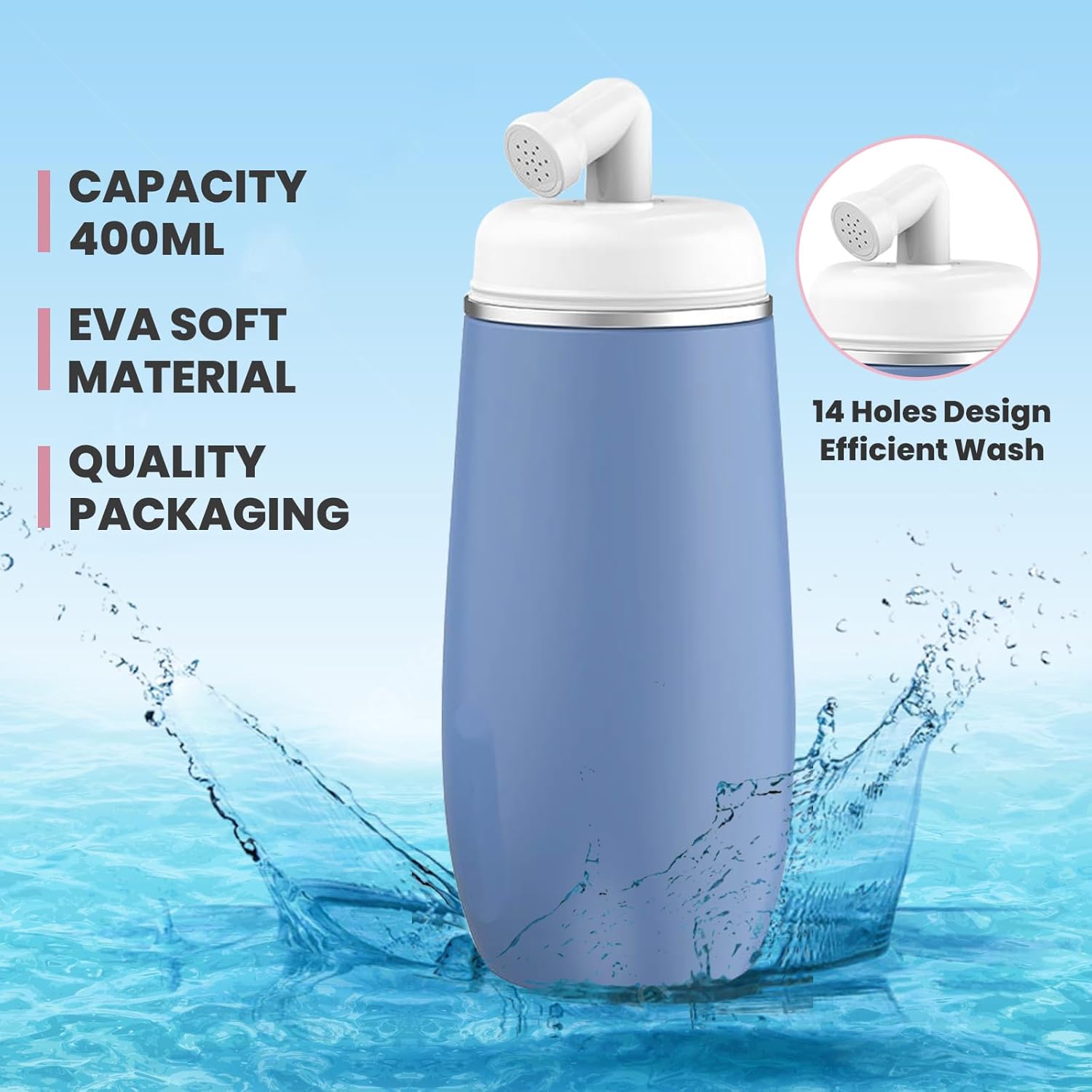 Portable Bidet for Travel, 400ml Peri Bottle, Handheld Personal Hygiene Cleaner, Leakproof & Reusable Wash Bottle for Women & Men (Blue)