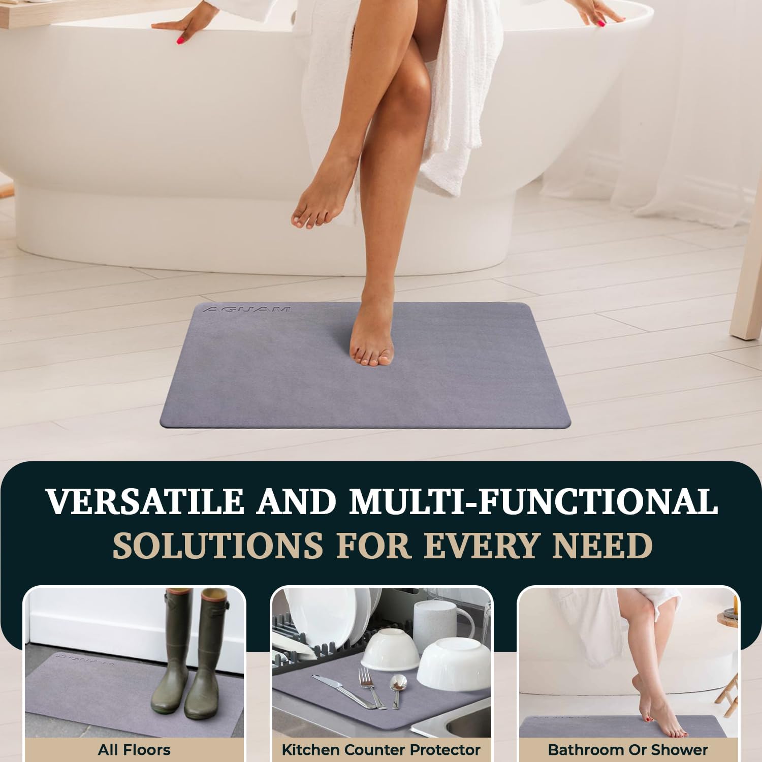 23" x 15" Diatomaceous Earth Shower Non Slip Stone Bath Mat | Quick Dry Super Absorbent Large Mats for Kitchen | Anti-Slip Fast Drying Water Absorbing Stone Bath Mats for Bathroom | Solid Gray