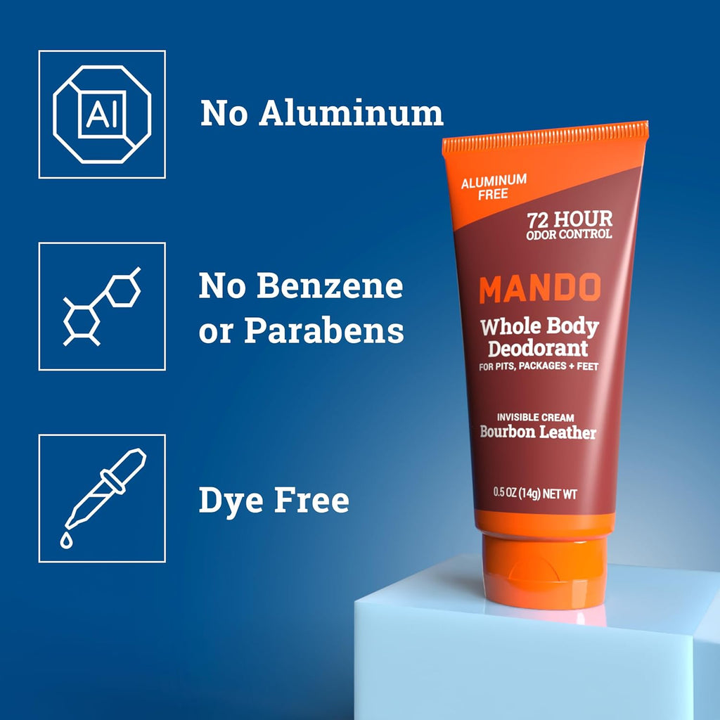 Mando Whole Body Deodorant For Men - XS Travel-Sized Invisible Cream Tube - 72-Hour Odor Control - Aluminum-Free, Baking Soda-Free - 0.5 ounce Tubes (Pack of 2) - Bourbon Leather and Pro Sport Scents