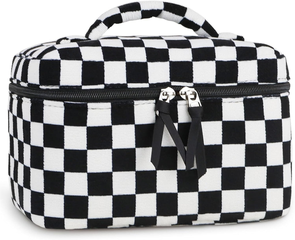 Prite Corduroy Large Travel Quilted Makeup Bag for Women Floral Cotton Cosmetic Bag Coquette Aesthetic Floral Toiletry Organizer Bag(Dark Checkerboard)